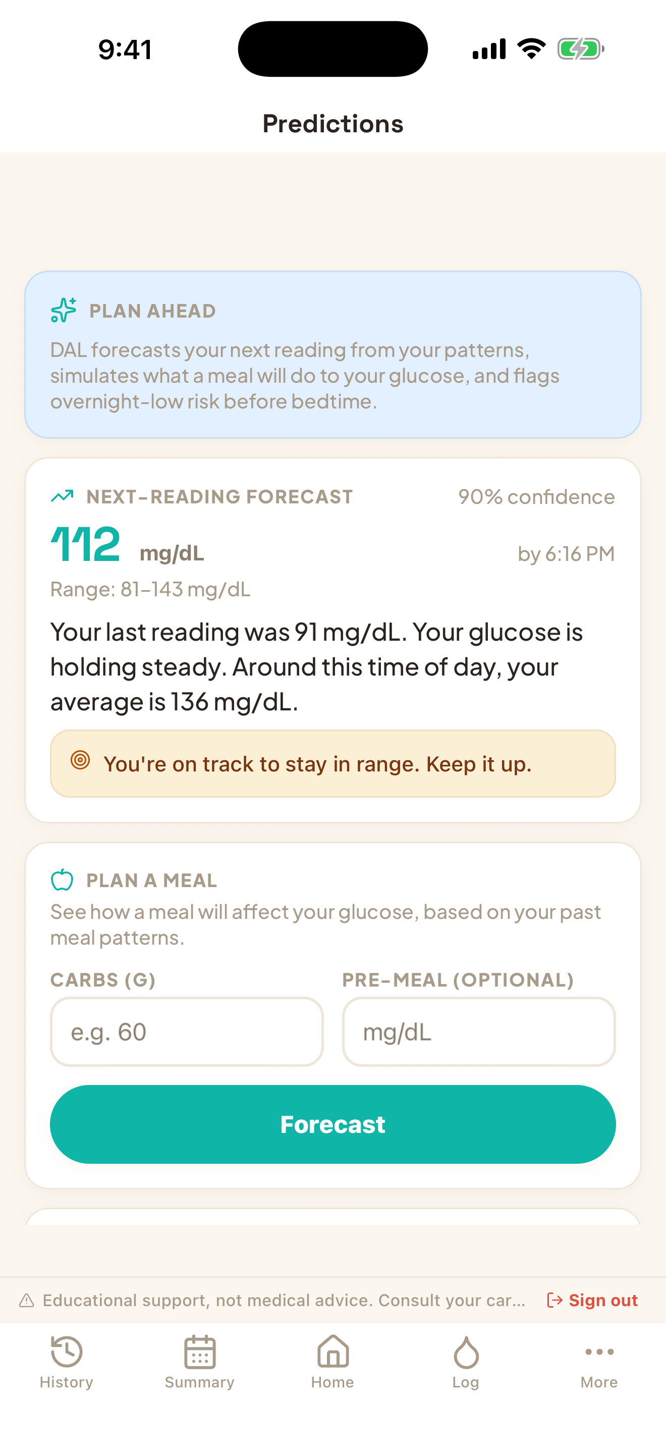 Predictions screen in the Calm theme: next-reading forecast