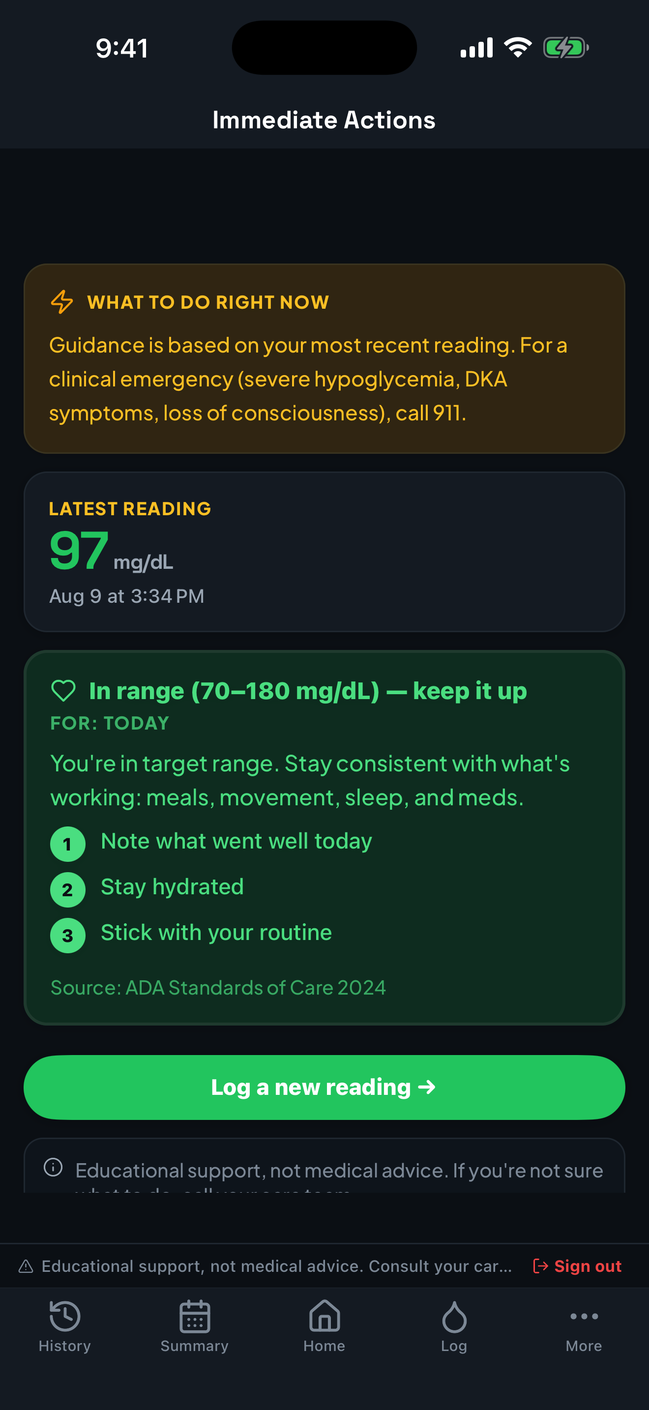 Immediate actions screen in the Dark theme